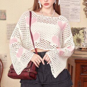 White Boho Womens Heart Pattern Drop Shoulder Open Knit Sweater